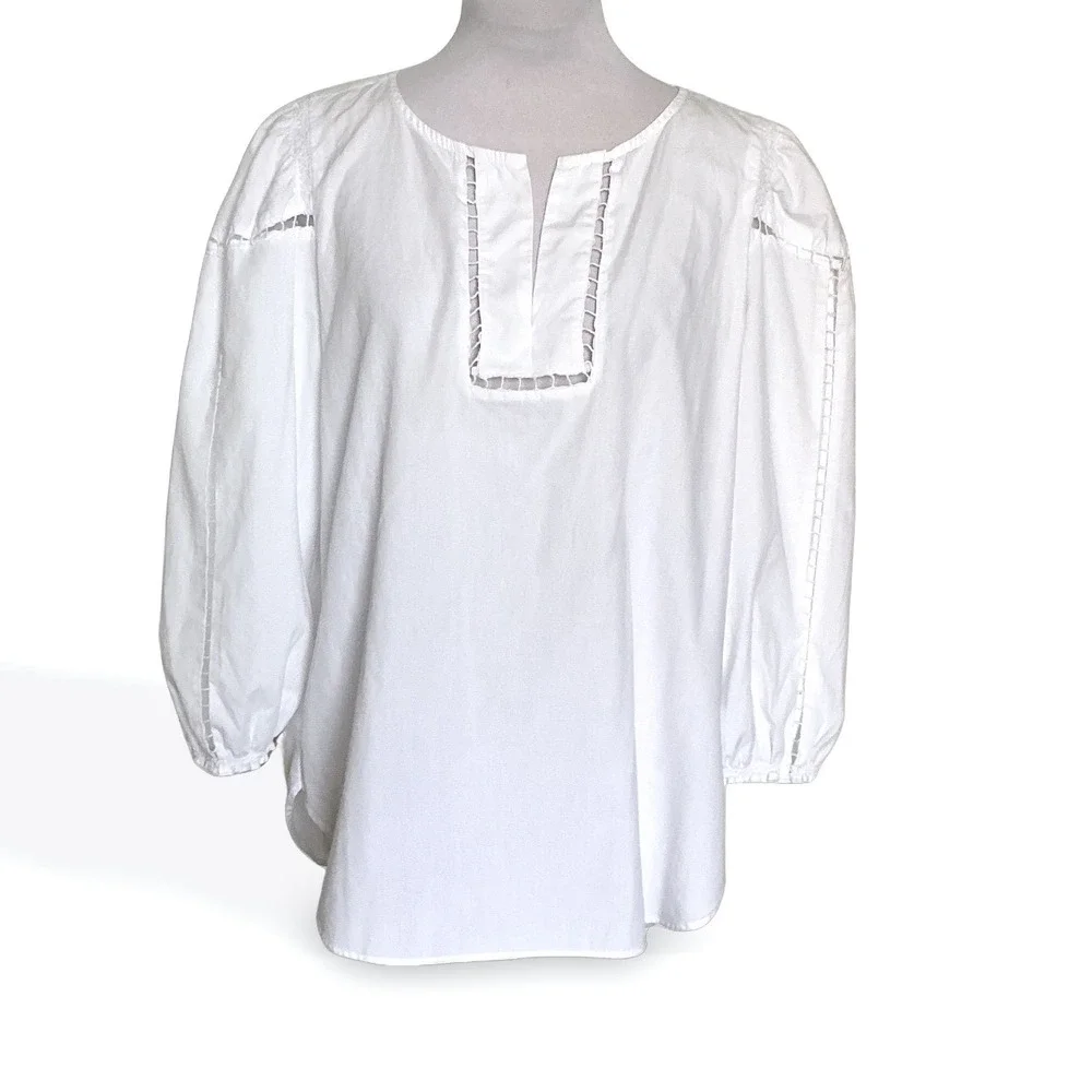 LOFT White Cotton Ladder Lace Balloon Sleeve Blouse Womens Medium Split Neck